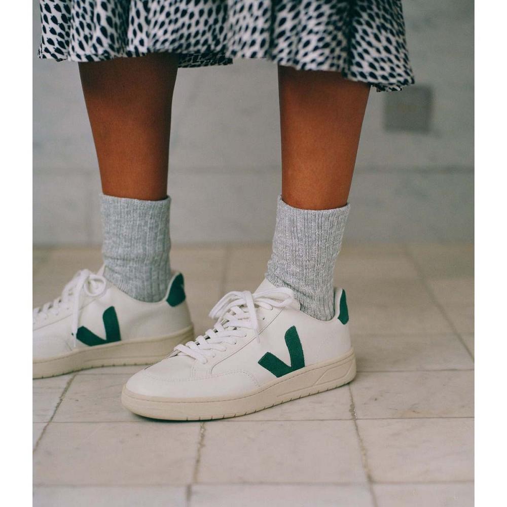 Women's Veja V-12 LEATHER Sneakers White/Green | SG 671KOR